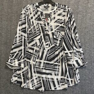 NEW Cocomo Woman Tunic Top 2X‎ Black Abstract Popover Pintuck Stretchy Pockets